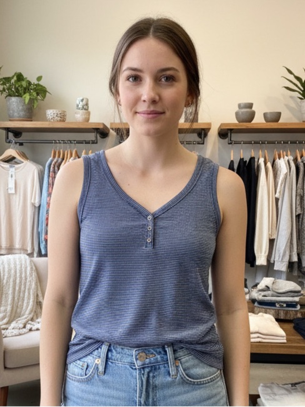 Eddie Bauer 100% Cotton Striped Henley Tank Top Dusty Blue EUC Size L